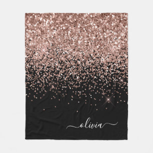 Blush Pink Rose Gold Black Glitter Monogram Name Fleece Blanket
