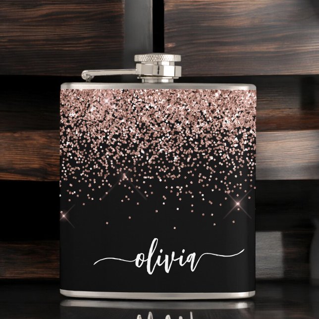 Blush Pink Rose Gold Black Glitter Monogram Name Hip Flask (Creator Uploaded)