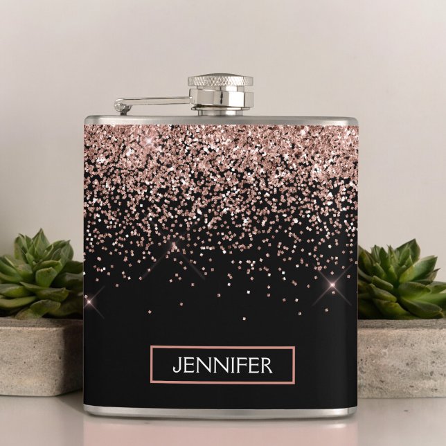 Blush Pink Rose Gold Black Glitter Monogram Name Hip Flask (Creator Uploaded)