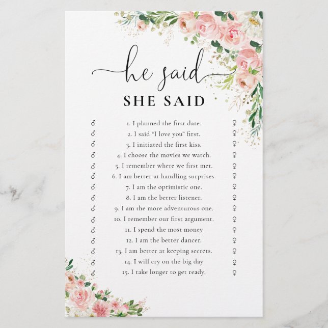 Blush Pink Rose Gold Bridal Shower Game (Front)