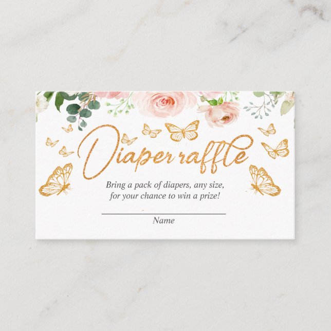 Blush Pink Rose Gold Butterfly Diaper Raffle Card (Front)