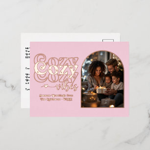Blush Pink & Rose Gold Cosy Vibes Retro Christmas Foil Holiday Postcard