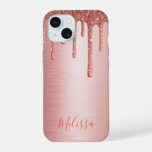 Blush Pink Rose Gold drip sparkle on metal name iPhone 15 Case