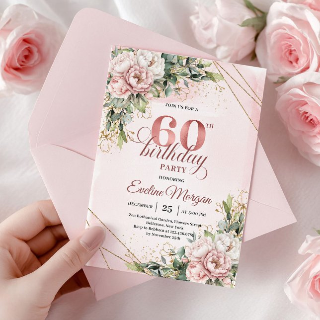 Blush Pink Rose Gold Floral 60th Birthday Invites (Blush Pink Rose Gold Floral 60th Birthday Invitation)