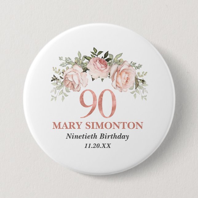 Blush Pink Rose Gold Floral 90th Birthday  7.5 Cm Round Badge (Front)