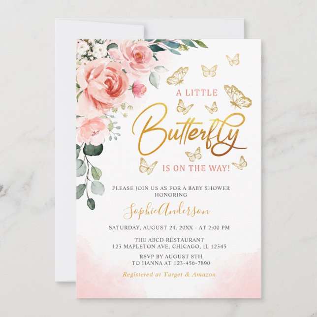 Blush Pink Rose Gold Floral Butterfly Baby Shower  Invitation (Front)