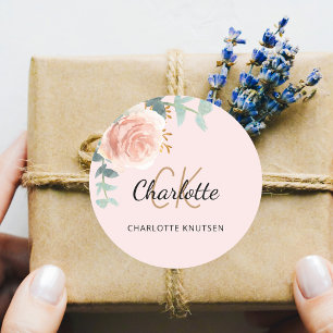 Blush pink rose gold floral eucalyptus thank you classic round sticker