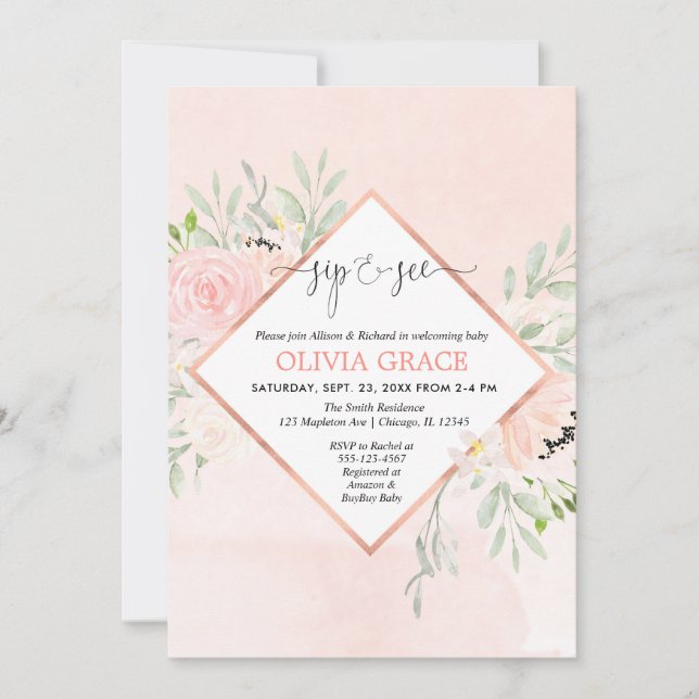 Blush pink rose gold floral girl Sip and See Invitation (Front)