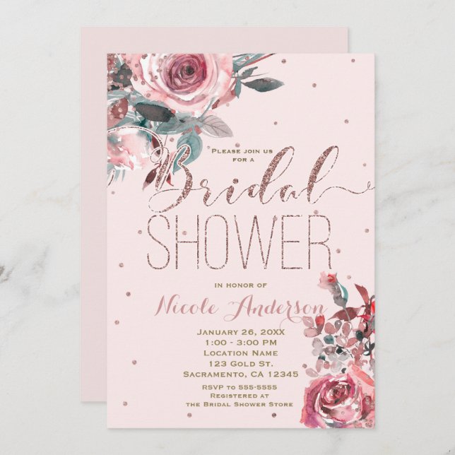 Blush Pink Rose Gold Floral Modern BRIDAL SHOWER Invitation (Front/Back)