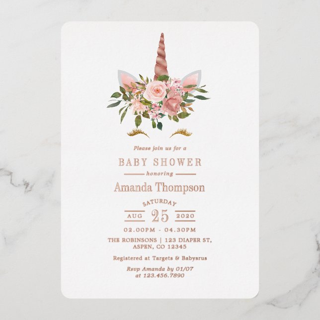Blush Pink & Rose Gold Floral Unicorn Baby Shower (Front)
