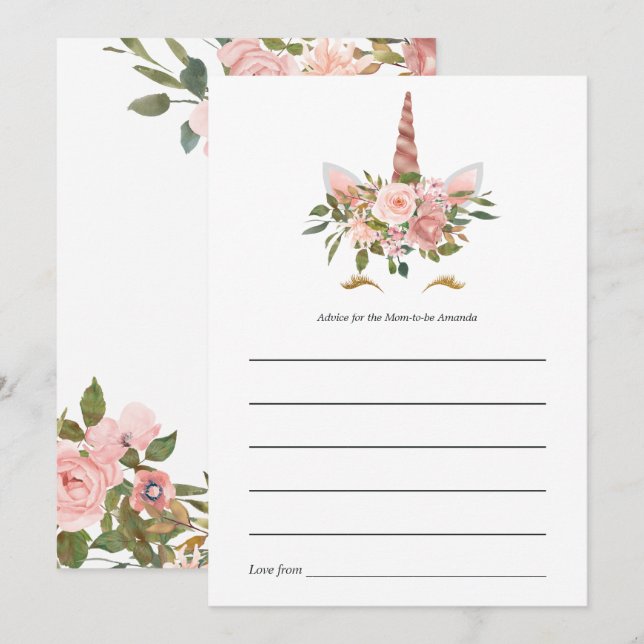 Blush Pink & Rose Gold Floral Unicorn Baby Shower Advice Card (Front/Back)