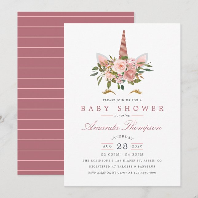 Blush Pink & Rose Gold Floral Unicorn Baby Shower Invitation (Front/Back)