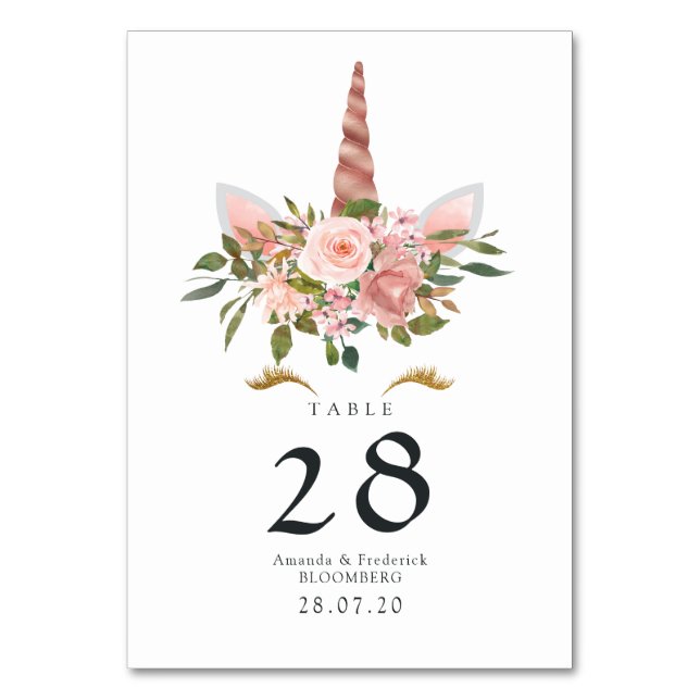 Blush Pink & Rose Gold Floral Unicorn Baby Shower Table Number (Front)
