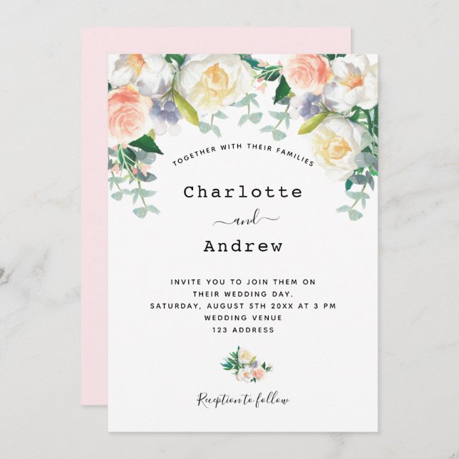 Blush pink rose gold florals eacalyptus wedding invitation (Front/Back)