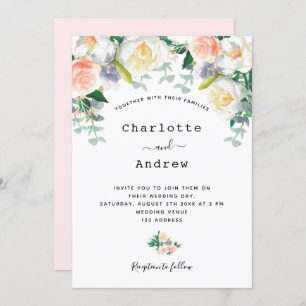Blush pink rose gold florals eacalyptus wedding invitation