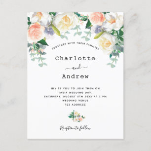 Blush pink rose gold florals eacalyptus wedding postcard