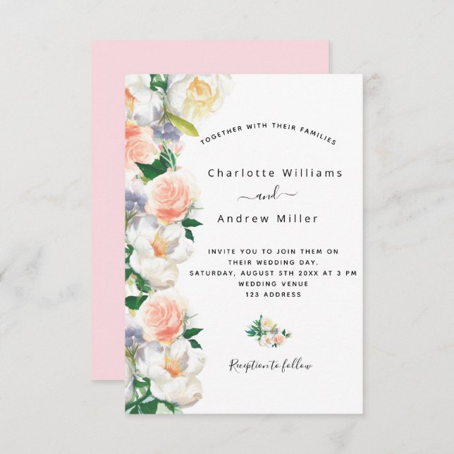 Blush pink rose gold florals white wedding invitation (Front/Back)