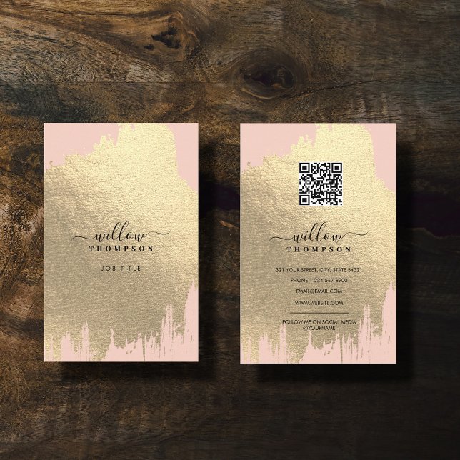Blush Pink Rose Gold Foil Brush Stroke QR Code Business Card (Blush Pink Rose Gold Foil Brush Stroke QR Code Business Card)