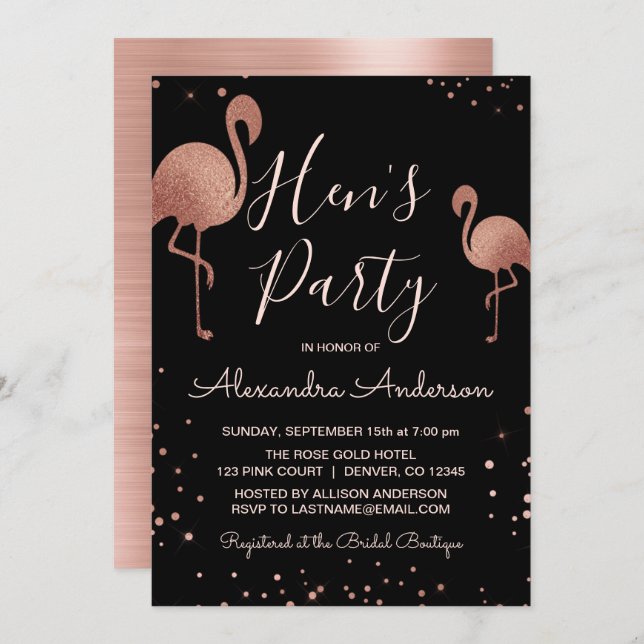 Blush Pink - Rose Gold Foil Flamingo Hen's Party Invitation (Front/Back)