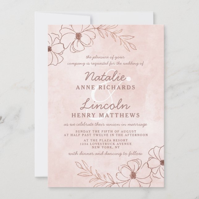 Blush Pink & Rose Gold Foil Floral Framed Wedding Invitation (Front)