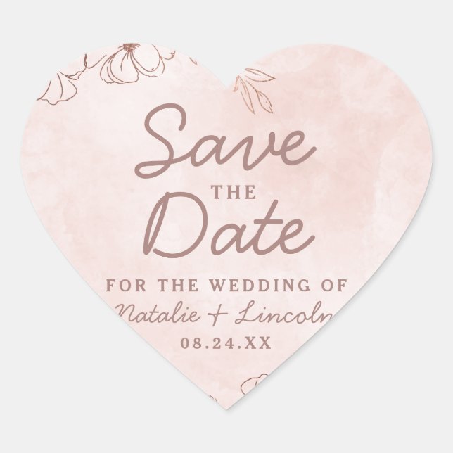 Blush Pink & Rose Gold Foil Floral Save the Date Heart Sticker (Front)