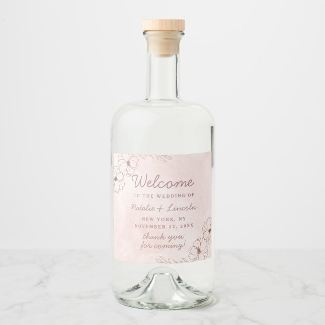 Blush Pink & Rose Gold Foil Floral Wedding Welcome Liquor Bottle Label (Front)