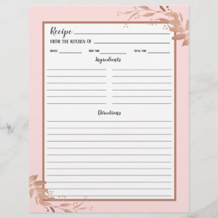 Blush Pink Rose Gold Foliage Recipe Binder Page