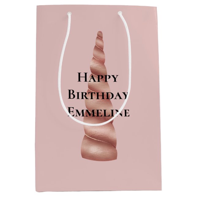 Blush Pink Rose Gold Glam Unicorn Birthday Medium Gift Bag (Front)