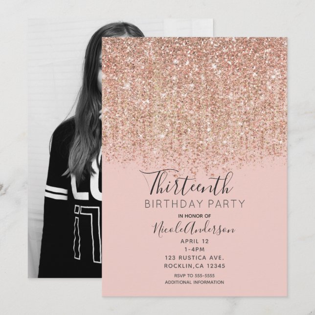 Blush Pink Rose Gold Glitter Birthday Party Photo Invitation (Front/Back)