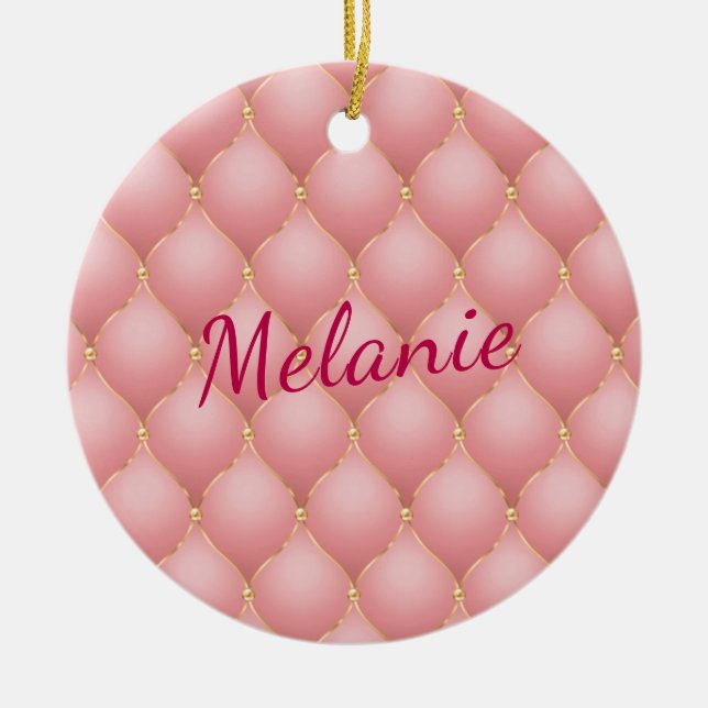 Blush Pink Rose Gold Glitter Diamond Custom Name Ceramic Tree Decoration (Front)