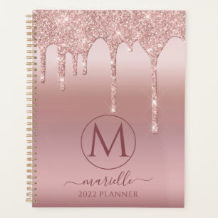 Blush Pink Rose Gold Glitter Drips Monogram 2022 P Planner