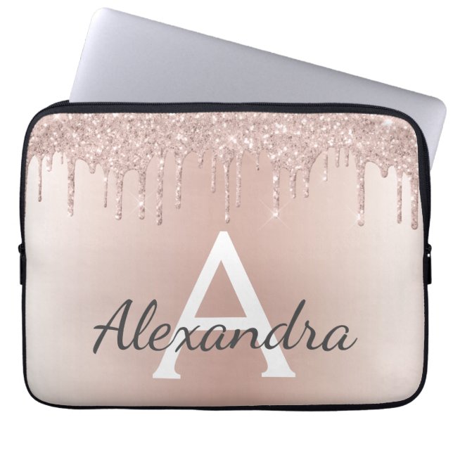 Blush Pink Rose Gold Glitter Drips Monogram Laptop Sleeve (Front)
