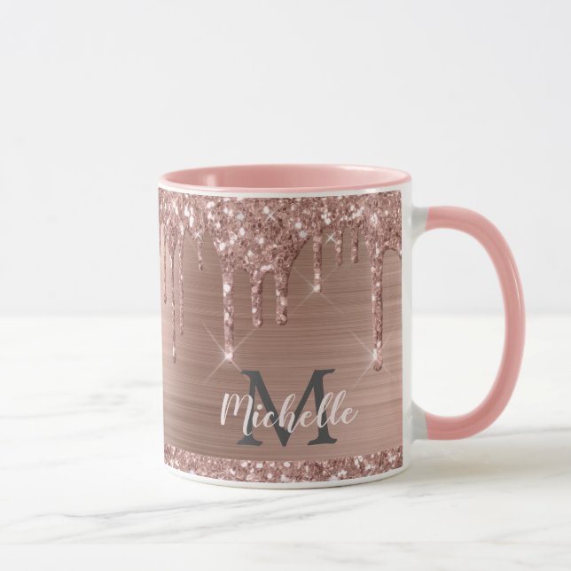 Blush Pink Rose Gold Glitter Drips Monogrammed Mug (Right)