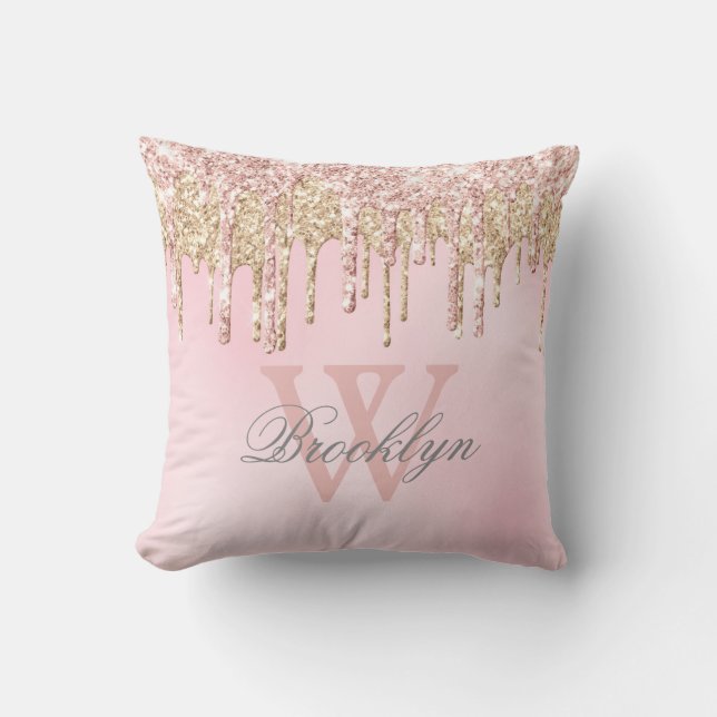 Blush Pink Rose Gold Glitter Drips Name Monogram Cushion (Front)