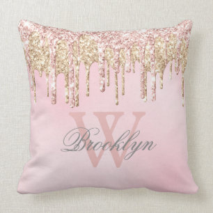 Blush Pink Rose Gold Glitter Drips Name Monogram T Cushion