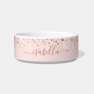 Blush pink rose gold glitter dust name script bowl