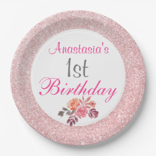 Blush Pink Rose Gold Glitter Floral 1st Birthday Paper Plate