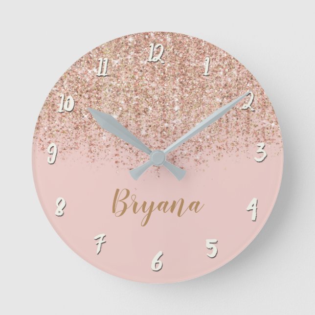 Blush Pink & Rose Gold Glitter Glam Girly Chic Round Clock (Front)