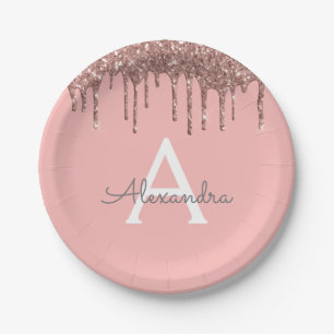 Blush Pink Rose Gold Glitter Monogram Birthday Paper Plate