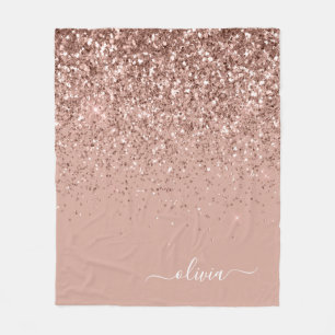 Blush Pink Rose Gold Glitter Monogram Name Fleece Blanket