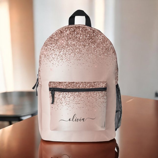 Blush Pink Rose Gold Glitter Monogram Name Printed Backpack (Creator Uploaded)