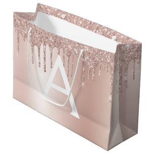 Blush Pink Rose Gold Glitter Monogrammed Chic Large Gift Bag