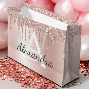 Blush Pink Rose Gold Glitter Monogrammed Chic Large Gift Bag