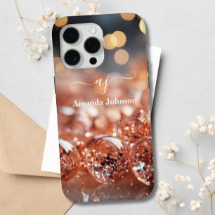 Blush Pink Rose Gold Glitter Monogrammed Gemstones iPhone 15 Pro Max Case