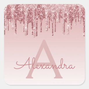 Blush Pink - Rose Gold Glitter Sparkle Monogram Square Sticker