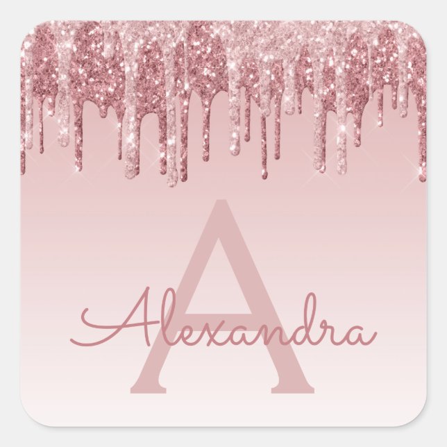 Blush Pink - Rose Gold Glitter Sparkle Monogram Square Sticker (Front)