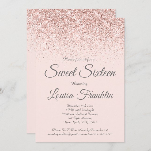 Blush Pink & Rose Gold Glitter Sweet 16 Invitation (Front/Back)