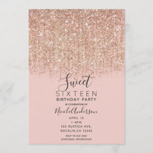 Blush Pink & Rose Gold Glitter Sweet 16 Party Invitation
