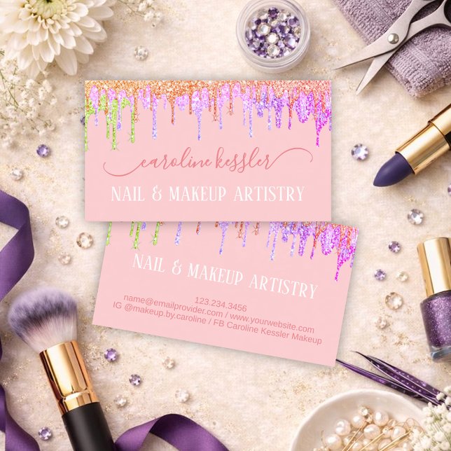 Blush Pink Rose Gold Lime Green Glitter Sparkle Business Card (Creator Uploaded)
