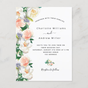 Blush pink rose gold lush florals white wedding postcard